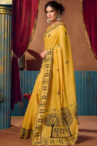 Yellow warli printed zari silk cotton saree with blouse piece