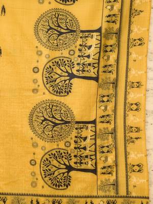 Yellow warli printed zari silk cotton saree with blouse piece 4
