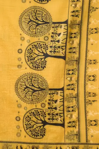 Yellow warli printed zari silk cotton saree with blouse piece