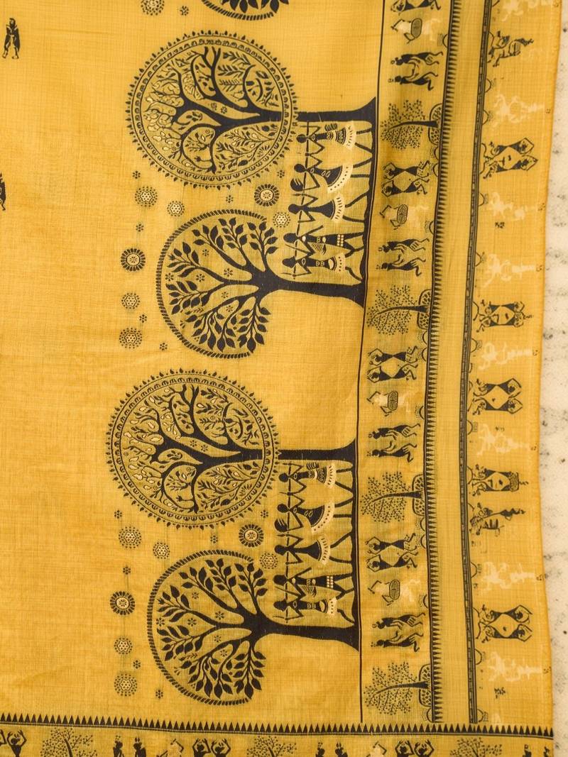 Yellow warli printed zari silk cotton saree with blouse piece