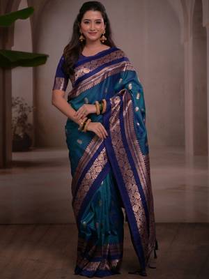 Teal woven design zari silk blend handloom banarasi saree 1