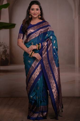 Teal woven design zari silk blend handloom banarasi saree