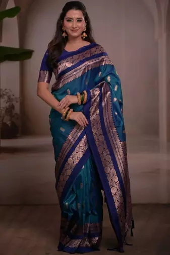 Teal woven design zari silk blend handloom banarasi saree