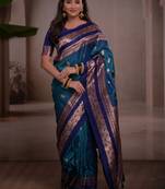 Teal woven design zari silk blend handloom banarasi saree