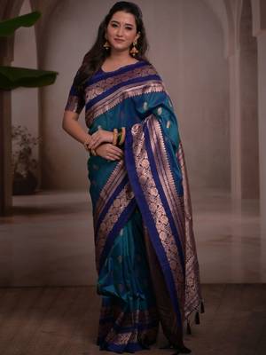 Teal woven design zari silk blend handloom banarasi saree 2