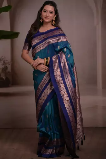 Teal woven design zari silk blend handloom banarasi saree