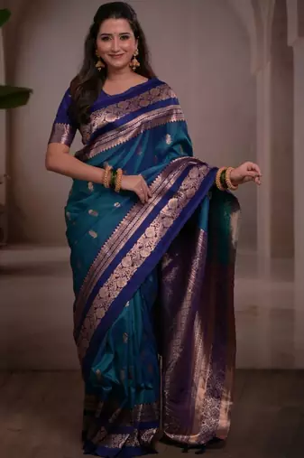 Teal woven design zari silk blend handloom banarasi saree