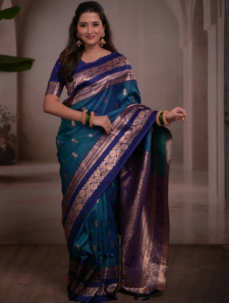 Teal woven design zari silk blend handloom banarasi saree
