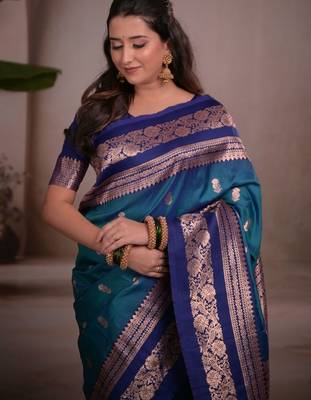 Teal woven design zari silk blend handloom banarasi saree 4