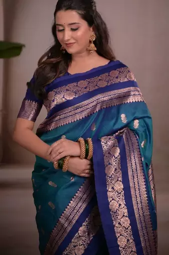 Teal woven design zari silk blend handloom banarasi saree