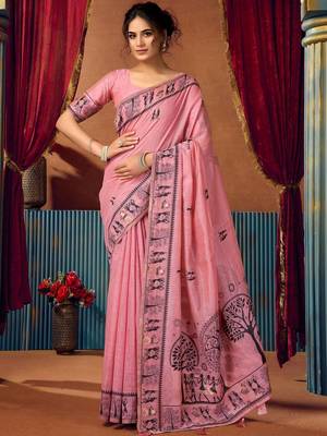 Pink warli printed zari silk cotton saree 1