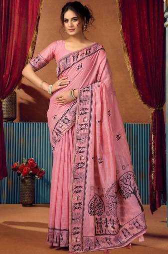 Pink warli printed zari silk cotton saree