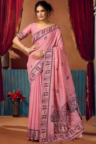 Pink warli printed zari silk cotton saree