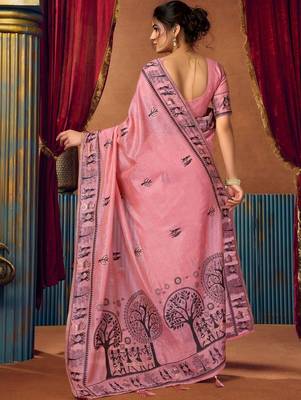 Pink warli printed zari silk cotton saree 2