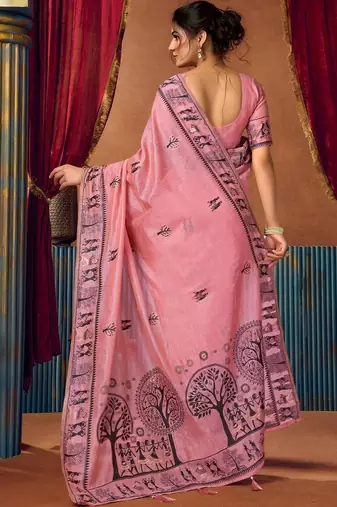 Pink warli printed zari silk cotton saree