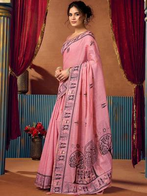 Pink warli printed zari silk cotton saree 3