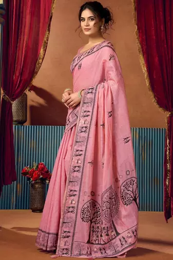Pink warli printed zari silk cotton saree