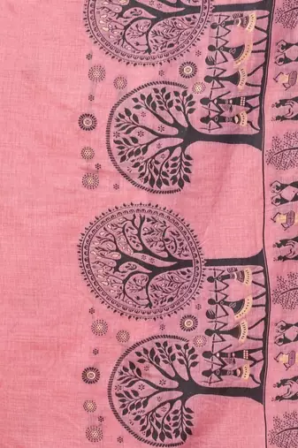 Pink warli printed zari silk cotton saree