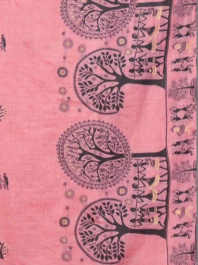Pink warli printed zari silk cotton saree