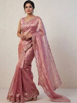 Rose woven design embroidered satin fusion saree 1
