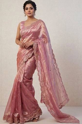Rose woven design embroidered satin fusion saree