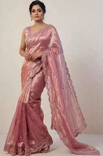 Rose woven design embroidered satin fusion saree