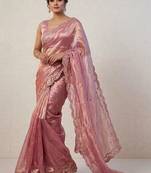 Rose woven design embroidered satin fusion saree