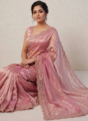 Rose woven design embroidered satin fusion saree 2