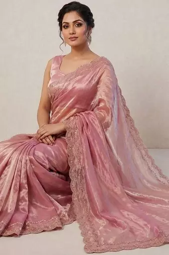 Rose woven design embroidered satin fusion saree