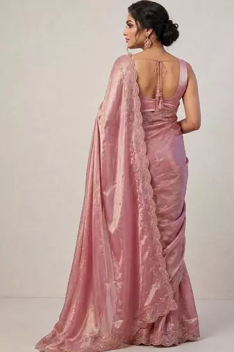 Rose woven design embroidered satin fusion saree