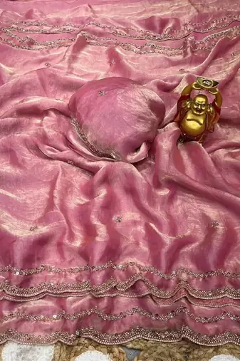 Rose woven design embroidered satin fusion saree