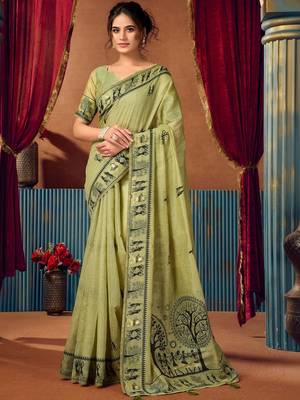 Lime ethnic motifs printed warli zari silk cotton designer saree with blouse piece 1