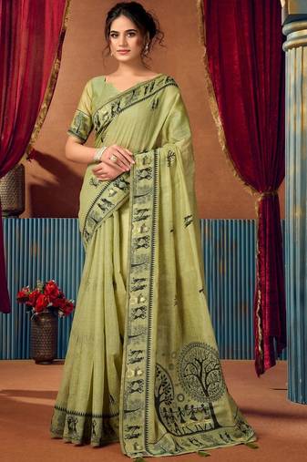Lime ethnic motifs printed warli zari silk cotton designer saree with blouse piece