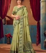 Lime ethnic motifs printed warli zari silk cotton designer saree with blouse piece