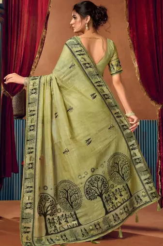 Lime ethnic motifs printed warli zari silk cotton designer saree with blouse piece