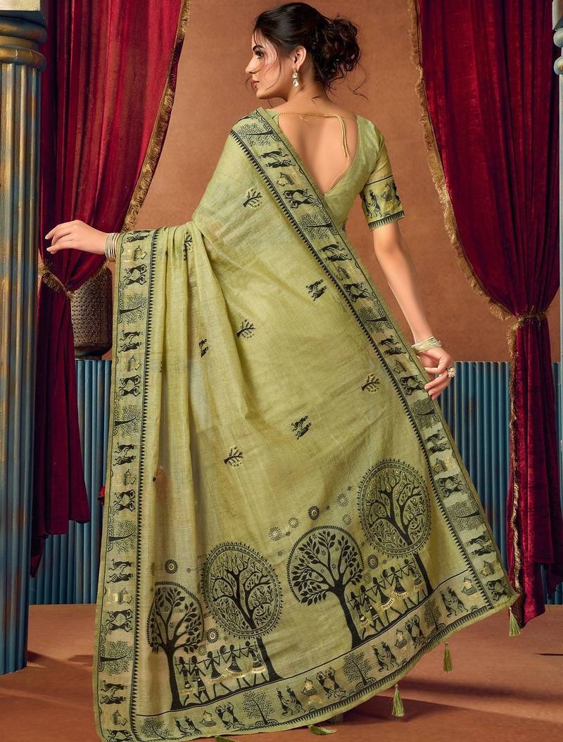 Lime ethnic motifs printed warli zari silk cotton designer saree with blouse piece