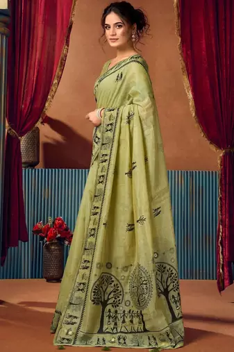 Lime ethnic motifs printed warli zari silk cotton designer saree with blouse piece