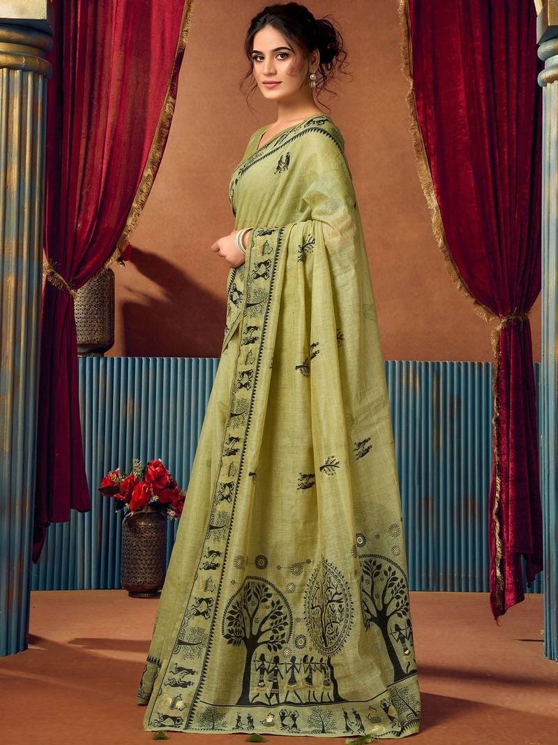 Lime ethnic motifs printed warli zari silk cotton designer saree with blouse piece
