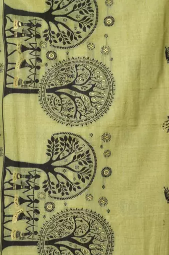 Lime ethnic motifs printed warli zari silk cotton designer saree with blouse piece