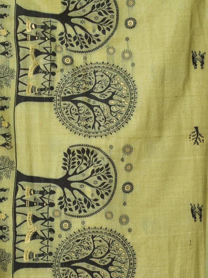 Lime ethnic motifs printed warli zari silk cotton designer saree with blouse piece