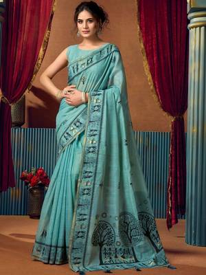 Turquoise warli printed zari silk cotton saree with blouse piece 1