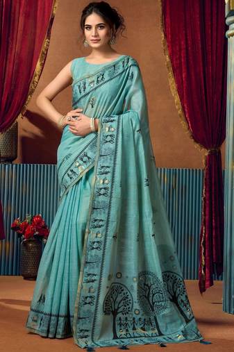 Turquoise warli printed zari silk cotton saree with blouse piece