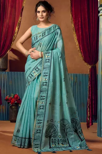 Turquoise warli printed zari silk cotton saree with blouse piece