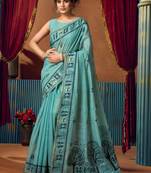 Turquoise warli printed zari silk cotton saree with blouse piece