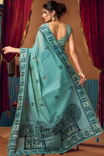 Turquoise warli printed zari silk cotton saree with blouse piece