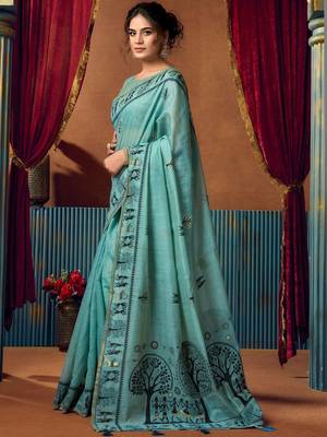 Turquoise warli printed zari silk cotton saree with blouse piece 3