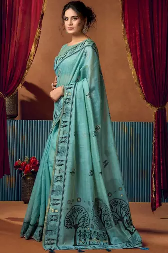 Turquoise warli printed zari silk cotton saree with blouse piece