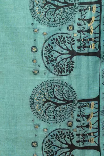 Turquoise warli printed zari silk cotton saree with blouse piece