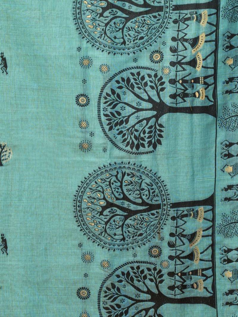 Turquoise warli printed zari silk cotton saree with blouse piece