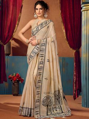Beige warli printed zari silk cotton saree with blouse piece 1